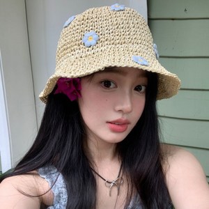 티모양 여성 여름 라탄 밀짚 라피아 모자 버킷햇