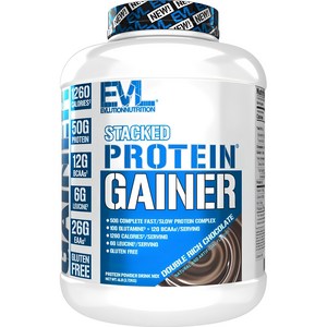 EVLUTIONNUTRITION 스택드 프로틴 게이너 파우더 드링크 믹스 더블 리치 초콜릿 맛, 1개, 2.72kg