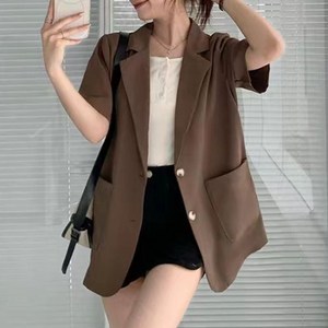 ROYALBELLE 여성 카라넥 반팔 정장 재킷 루즈핏 세련된 직장인 통근 버튼 자켓 V022516