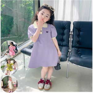 [아빠빠키즈] 110~150호 하트자수 배색카라 어깨주름 원피스