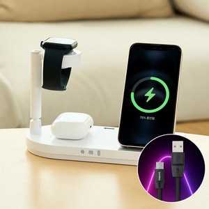 94LAB 4in1 고속 무선충전기 아이폰 애플워치 에어팟 무드 조명등 거치대 외부출력포트 지원 1.8M 충전케이블 제공 SPORT41, 화이트(애플전용), 1개