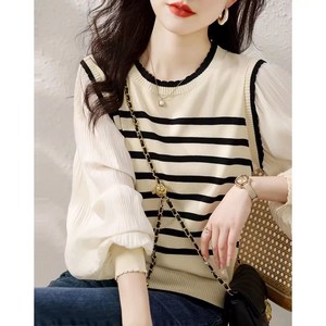 COSYEVNO 여성 스트라이프 니트 블라우스 봄 가을 패션 캐주얼 벌룬 소매 얇은 상의