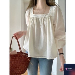 스퀘어넥블라우스 여름 프릴 셔링 남방 여성블라우스 반팔 셔츠