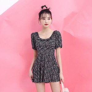 베베로사 반팔 잔꽃 셔링 원피스 프릴 모노키니 꽃 패턴 수영복 비치웨어 호캉스, 블랙