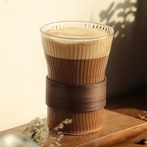 홈카페 글라스 소재 고급형 나팔 모양 NEW 이든 우드 홀더 내열유리컵 310ML, 1개