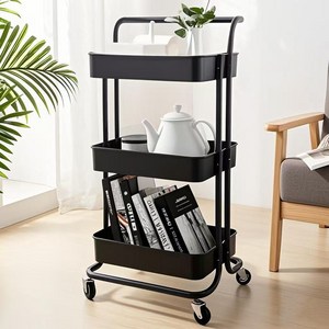 트롤리 선반 다용도 3단 이동식 수납카트, 블랙