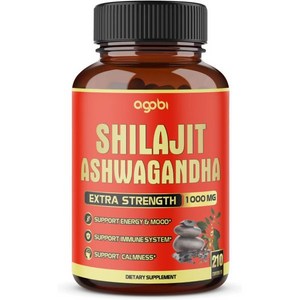 agobi agogbi 210캡슐 600mg Shilajit 400mg Organic 아슈와간다 뿌리 추출물 Pure Himalayan 에너지 Production 뇌 집중, 1개, 210정