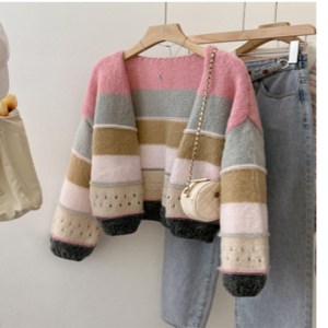 오너클랜 여성 무지개떡 니트가디건 귀여운 알록달록 가디건