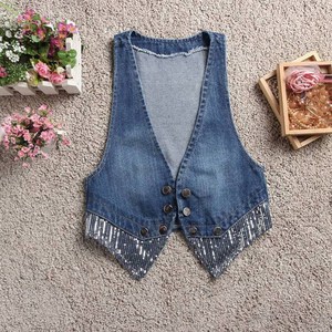 ROYALBELLE 여성 스팽글 장식 빈티지 데님 베스트 브이넥 루즈핏 패션 캐주얼 단추 청 조끼 V030201