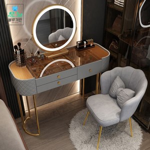 블루기린 화장대 세트 북유럽 럭셔리 LED 거울 서랍장 정리함 간단조립, 강화유리, 그레이 원형 LED터치등 거울 화장대 + 꽃잎의자