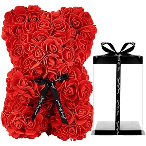 MIR WAY 장미 곰돌이 조화 로즈베어 꽃다발 선물박스포함, L, 레드, 1개