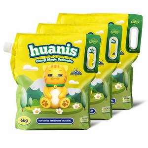 [HUANIS] 클럼프매직 벤토나이트 고양이 모래 무향, 3개, 6kg