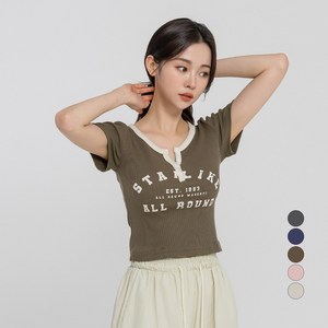 라라콩 여성용 단추 레터링 골지 크롭 반팔 티셔츠
