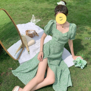 해리픽 쉬폰 원피스 휴양지 롱 브이넥