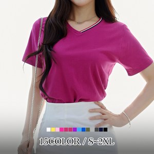 [당일발송] 여자친9 삼색컬러 배색 브이넥 반팔티셔츠(S~2XL)-국내제작 15칼라