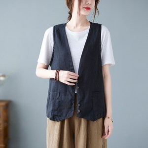 여름 여성 리넨 브이넥 루즈핏 민소매 조끼 Women's vest A657J378