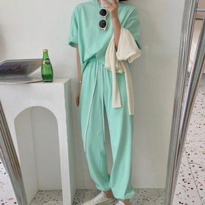 세트 여성 라운드 반팔 티셔츠 조거팬츠 트레이닝