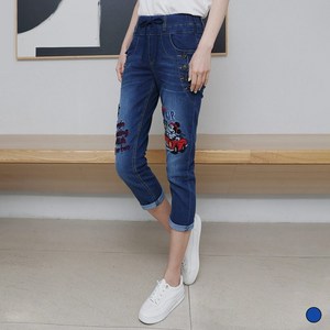 디즈니 허리밴딩 데님 팬츠 캐릭터 자수 배기진 7부 청바지 summer jeans