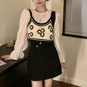 예쁨시전 봄 셔링 블라우스 와플 니트 플라워 뷔스티에 세트