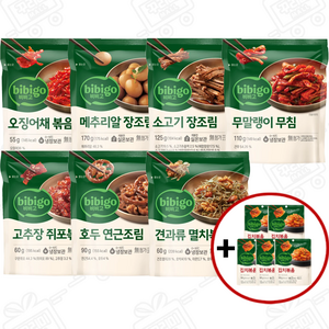 (꾸리미) 비비고 반찬 7종 모음(소고기 무말랭이 멸치볶음 오징어채 메추리알 호두연근 쥐포볶음) + 볶음김치 80g x 5개증정, 1세트