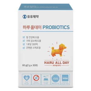 유유제약 하루올데이 PROBIOTICS 강아지 유산균 영양제 면역력 소화력개선 1포 300억 카제로템 신바이오틱스 2gx30포, 30회분, 장건강/유산균, 1개