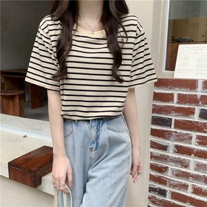 치와와 여성 편안한 라운드넥 줄무늬 반팔티셔츠 L21