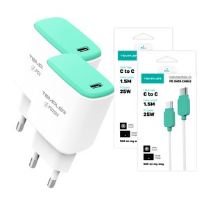 템플러 25W 1포트 C타입 PD 고속충전기 + 25W 1.5M CtoC케이블, 2개입, 민트