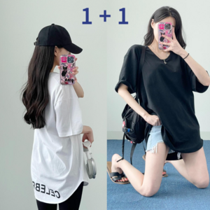 쇼핑죠이 백레터링 루즈핏 무지 오버핏 반팔 롱 티셔츠