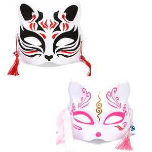 일본풍 여우가면2개입 구미호 고양이 코스프레 할로윈 파티 마스크 핼로원가면 파티가면 코스튬가면, 1개, 블랙1P+핑크1P