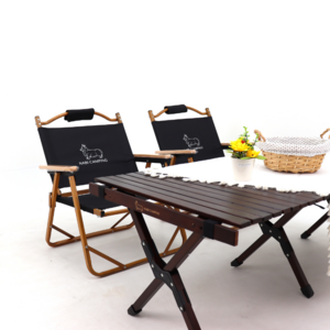 NABI CAMPING 브라운 접이식 의자 우드 테이블 캠핑 세트, 테이블+의자2P