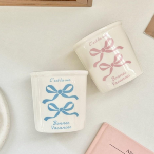 [프렌치 더블리본 컵] 파스텔 세라믹 홈카페 감성컵, 1개, 블루