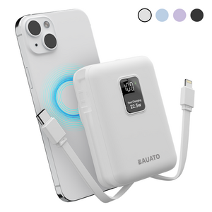 바우아토 15W 고속 무선충전 미니 일체형 대용량 맥세이프 보조배터리 10000mah, 화이트