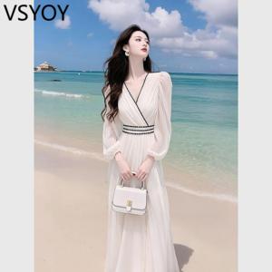 vsyoy 홀리데이 스타일 프랑스 스타일 화이트 긴 소매 쉬폰 원피스 이른 봄 새로운 스타일 슈퍼 우아한 긴 스커트