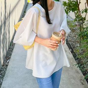 로로텐 7부 퍼프소매 블라우스 무지 라운드넥 여성 빅사이즈