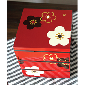 HAKOYA 매화 3단 사각찬합(파티형 L) 찬합 일본전통 마사에기법사용 전통공예품, 매화(180레드), 1개