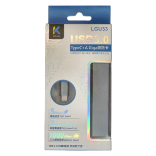 KTnet 廣鐸 TypeC + A Giga網路卡 + 3埠 USB3.0 HUB, 傳輸速度 5Gbps, 高速集線器, LGU33, 1個