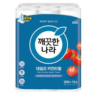 깨끗한나라 데일리 천연펄프 키친타올, 200매, 12개