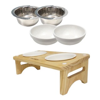 모나지오 반려동물 원목식기 일반형 2구 + 스텐 2p + 도자기 2p + 멜라민 2p, 혼합색상, 1개