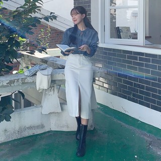 토마토팩토리 여성용 통기성 휘트 앞트임 코튼 데님 롱 스커트