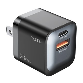TOTU 拓途 Racing系列 雙孔 Type-C + USB GaN氮化鎵充電器/充電頭 20W快充 PD + QC, 黑色, 1個