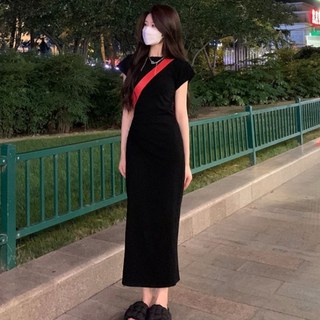 피어니스트 캐주얼 셔링 롱 슬림 반팔 심플 원피스