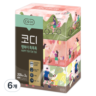 코디 행복이 톡톡톡 천연펄프 각티슈 2겹, 200매, 6개