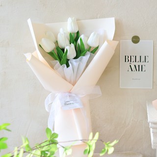 센트바스켓 튤립 실크플라워 조화 꽃다발, 화이트, 1개