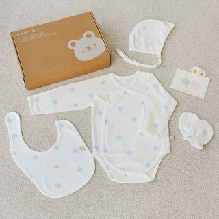 베이비앤아이 유아용 배냇슈트 + 턱받이 + 모자 + 손싸개 선물세트, 01 배미블루, 1세트