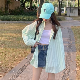 피어니스트 여성용 세로 스트라이프 박시 캐주얼 카라 셔츠
