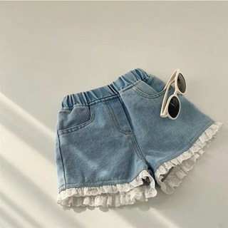 Yubli女童款鬆緊蕾絲彈性牛仔短褲