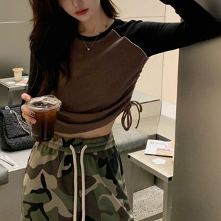 Moneta 女式拼接袖繫帶短款上衣