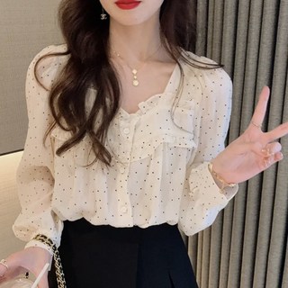 아이엠몽 여성용 도라비 쉬폰 도트 프릴 블라우스