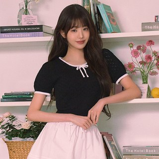 rolarola 女款蝴蝶結滾邊配色鏤空短袖針織上衣