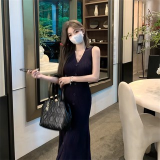 Vezri 슬림핏 유니크 니트 V넥 웨이스트 라인 A라인 롱 원피스 Aff